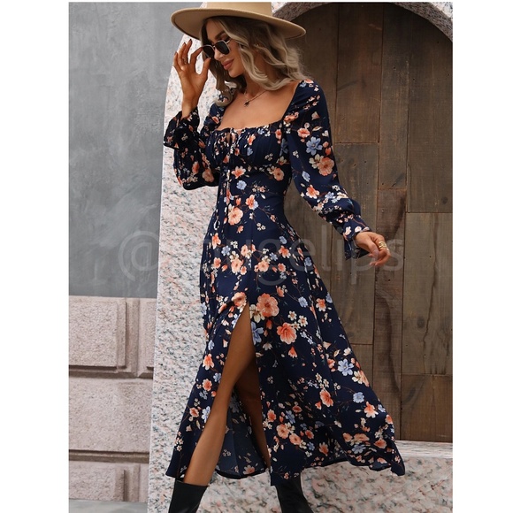 Floral Dress Square Neck Fit & Flare Maxi Long Sleeve Leg Slit Front Ties Blue - Picture 3 of 16